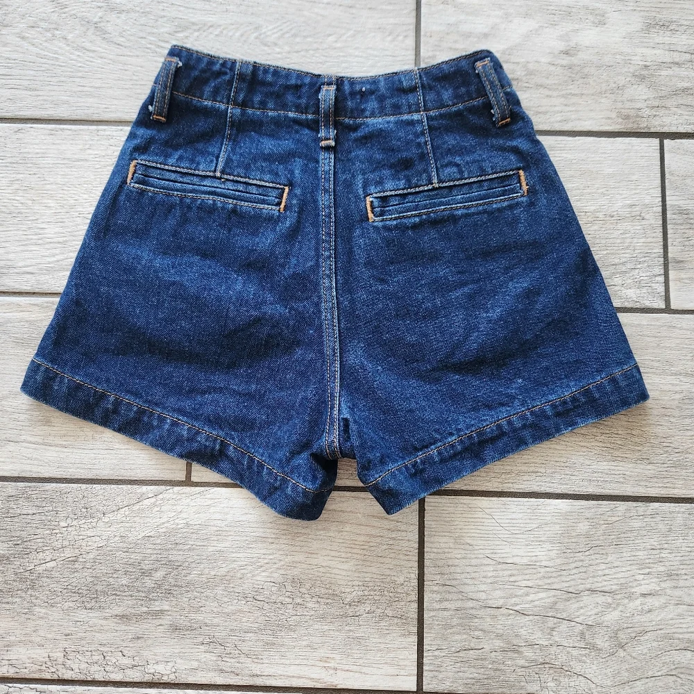 MOUSSY High Waist Denim Shorts Womens Sz 0 Dark Wash‎ Button Fly Exposed 3